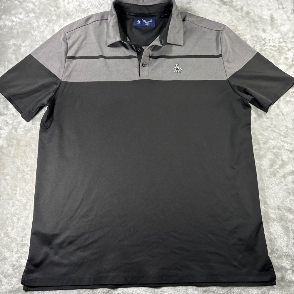 Original Penguin Mens XL Polo Shirt Grey Black Colorblock Golf Short Sleeve Logo